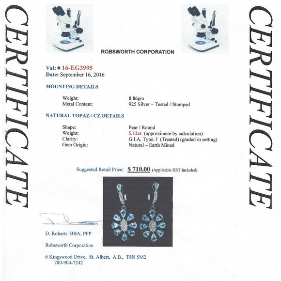 .925 Sterling Silver Floral Blue Topaz with CZ Centre Earrings Value $710 - Picture 6 of 6